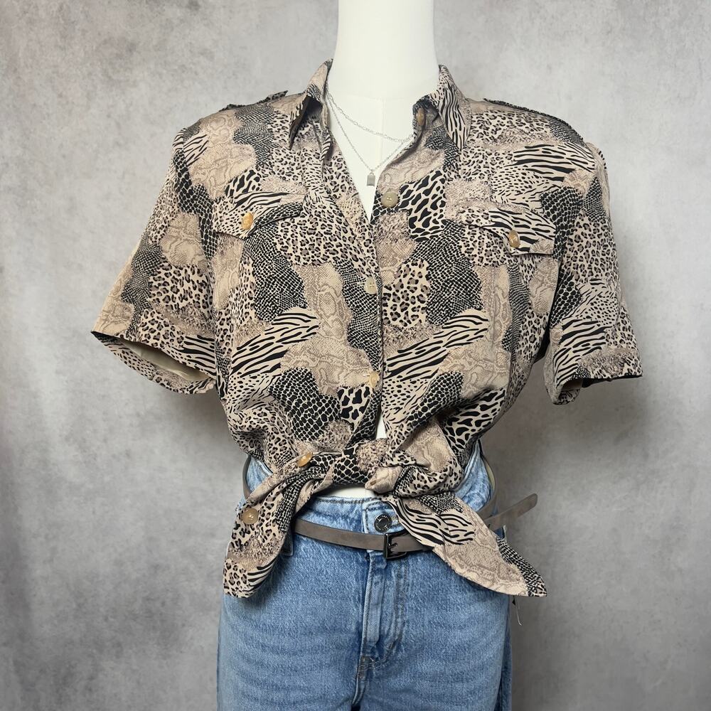 Vintage Silk Safari Print Button Down Slouch Blouse Shirt